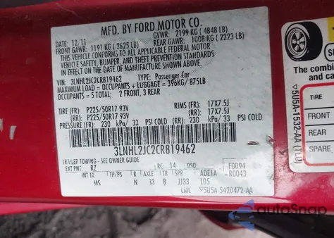 2012 Lincoln Mkz from USA, damaged, VIN 3LNHL2JC2CR819462